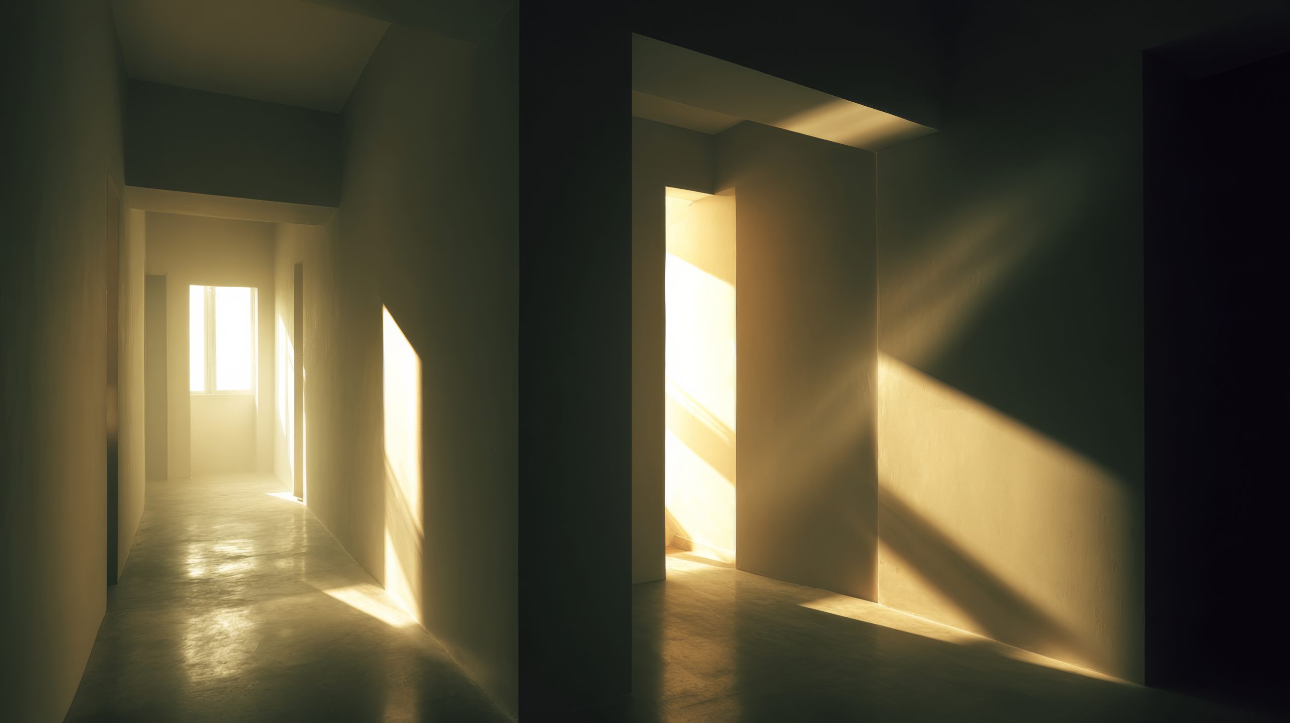 Empty hallway with sun rays creating geometric shadows